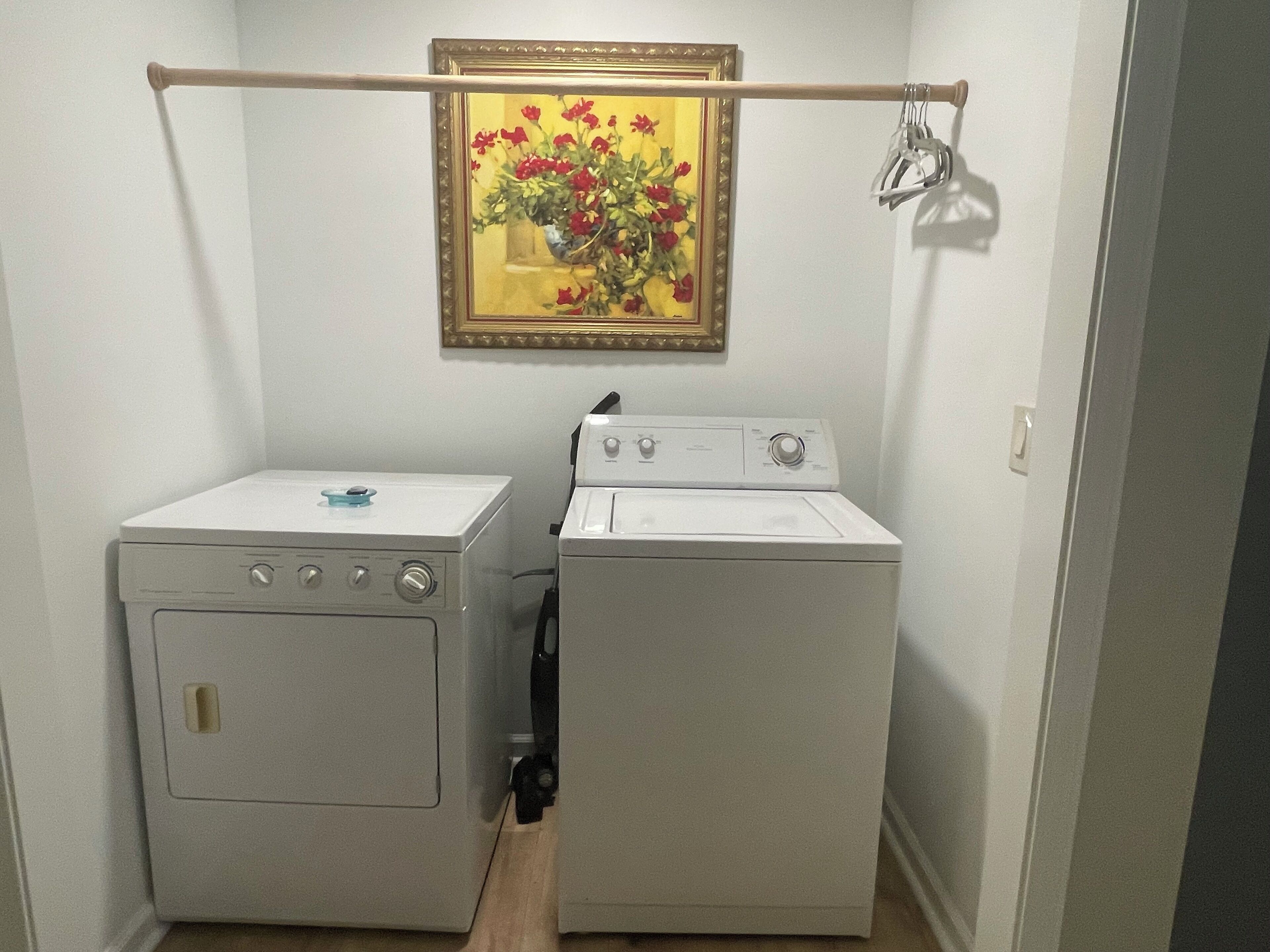 A laundry room with a washing machine and dryer, a painting on the wall, and a coat rack.