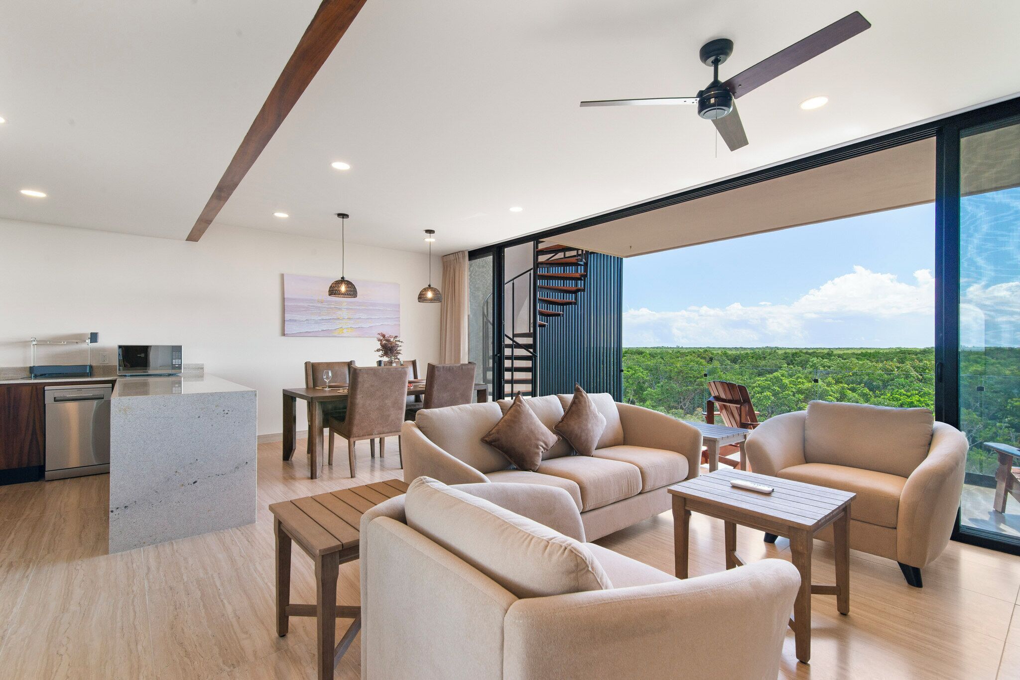 Panoramic Apartment, Private Pool | Living area | 165-cm Smart TV with cable channels, books