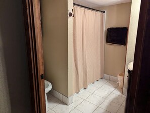 Hair dryer, towels, soap, toilet paper