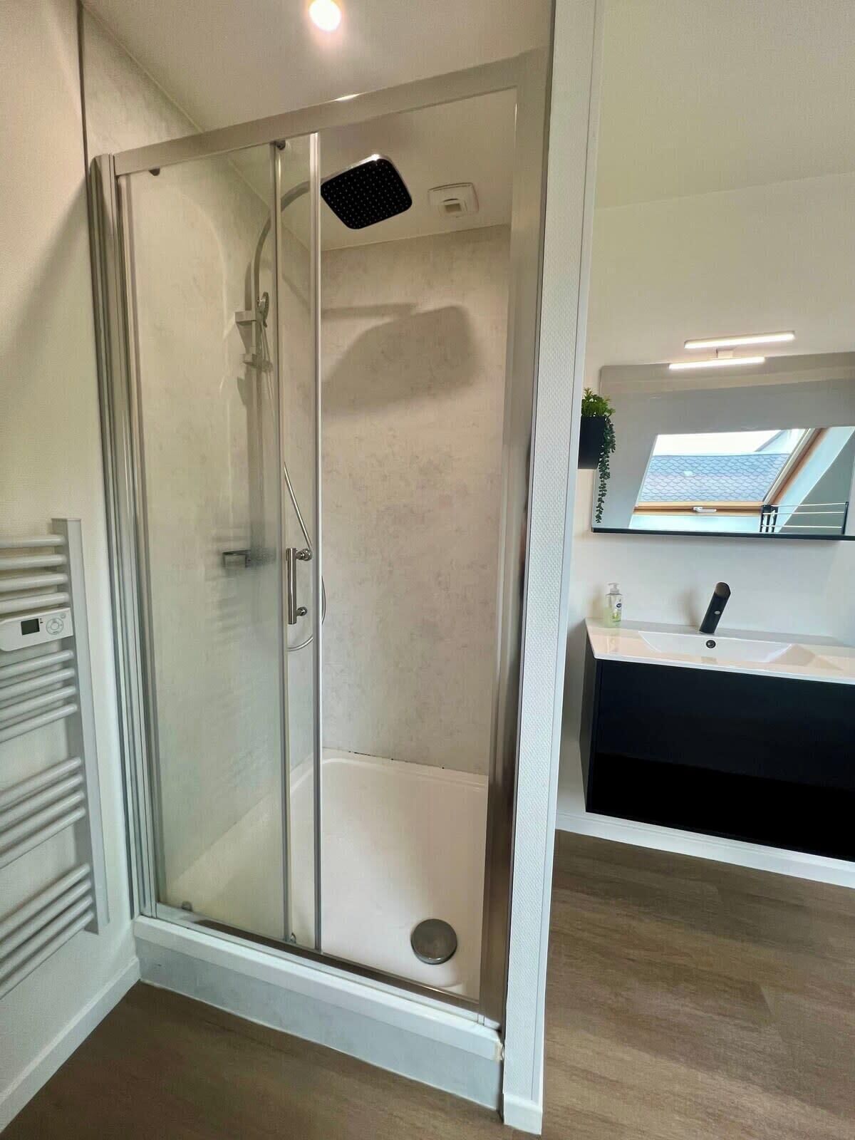 Shower, hair dryer, towels