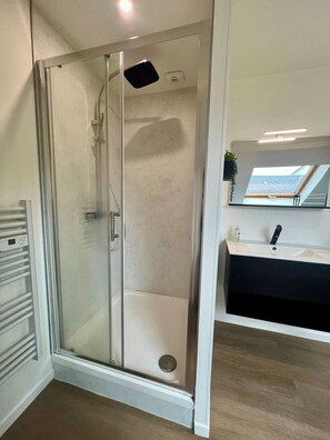 Shower, hair dryer, towels