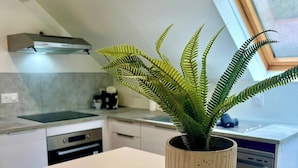 A modern kitchen with a white countertop, a stainless steel range hood, and a potted fern on a wooden coaster.