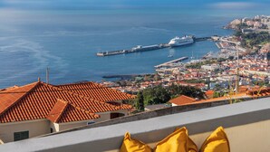 Un paisaje urbano costero con vista al mar, un muelle y edificios con tejados rojos.