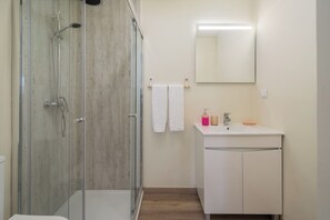 Douche, séchoir à cheveux, serviettes fournies