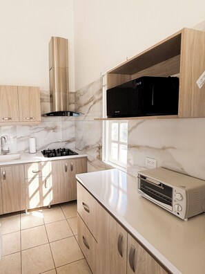 Fridge, microwave, oven, stovetop