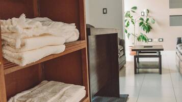 Shower, towels, soap, shampoo
