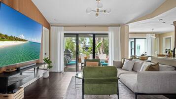 Smart TV, fireplace, video games, foosball