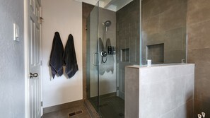 Hair dryer, towels, soap, shampoo