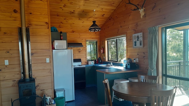 A cozy cabin with a wood stove, a refrigerator, a sink, and a dining area with chairs.