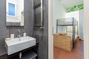 Shower, hair dryer, bidet, towels