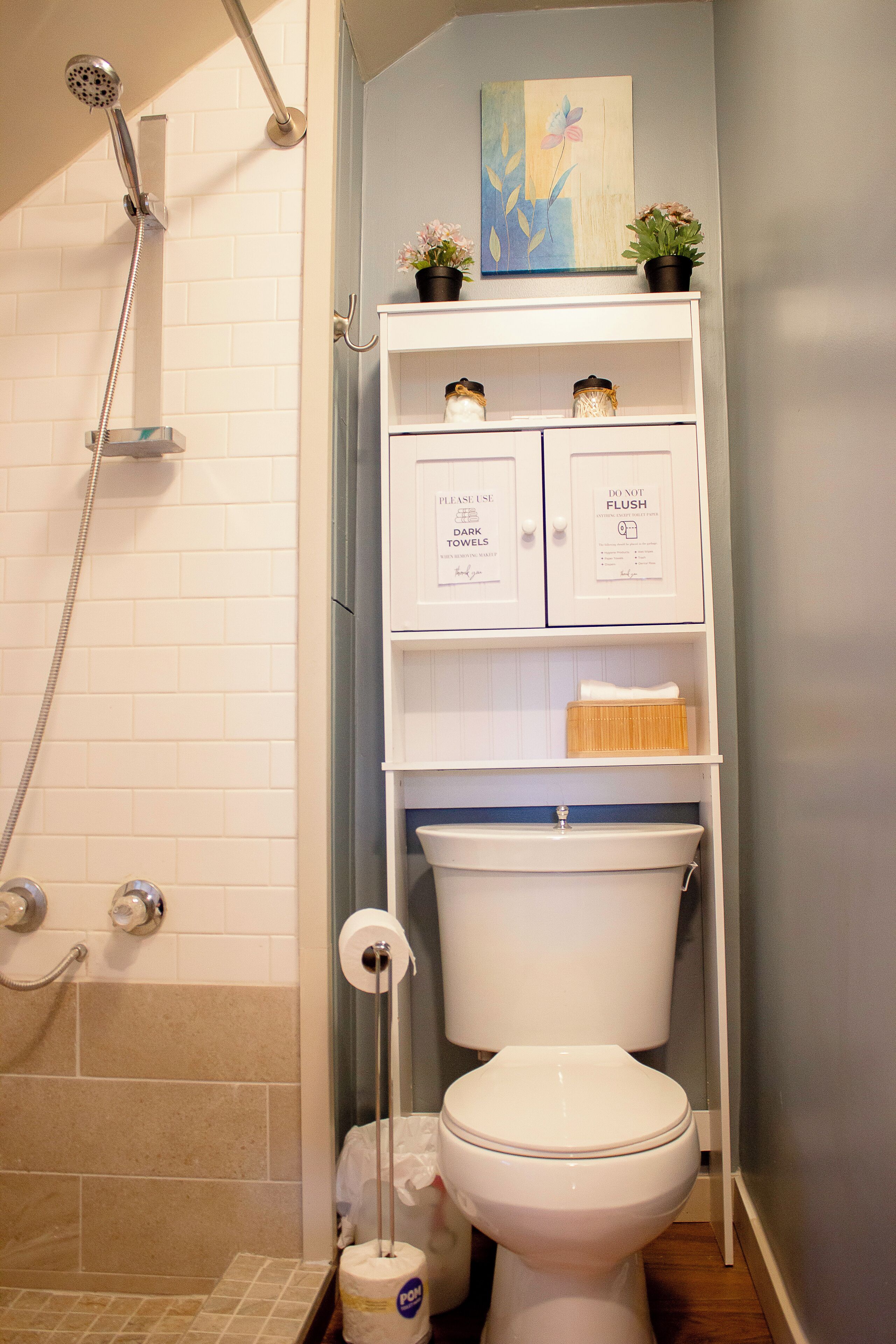 Hair dryer, towels, soap, toilet paper