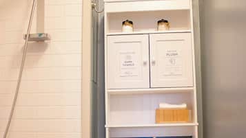 Hair dryer, towels, soap, toilet paper