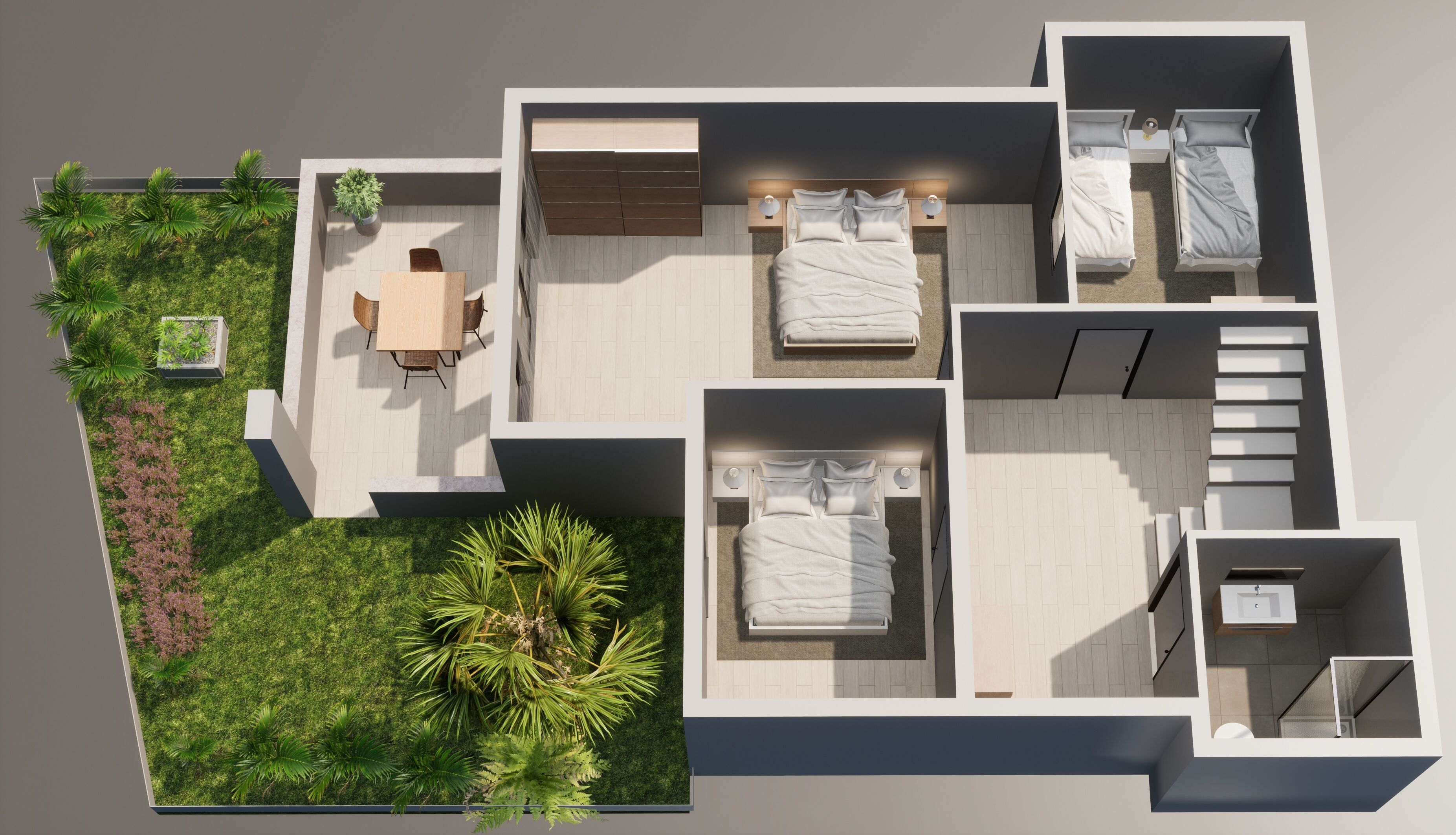 A modern apartment layout with a dining area, two bedrooms, a bathroom, and a small balcony with greenery.