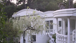 A white building with a porch and columns, surrounded by greenery and flowering trees.