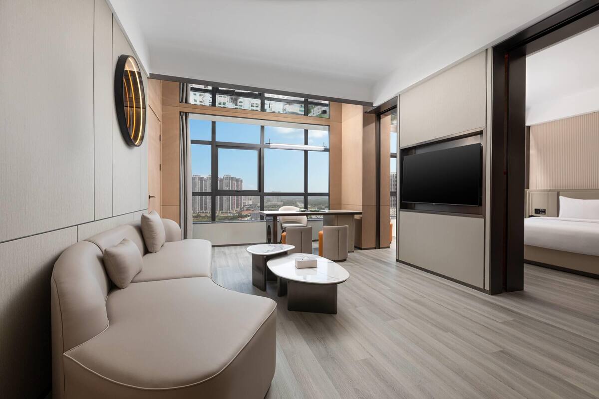 Et moderne hotelværelse med en stor seng, en sofa, et fjernsyn og udsigt over byen.