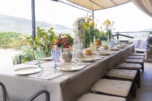 A long dining table set for a meal with a view of the landscape.