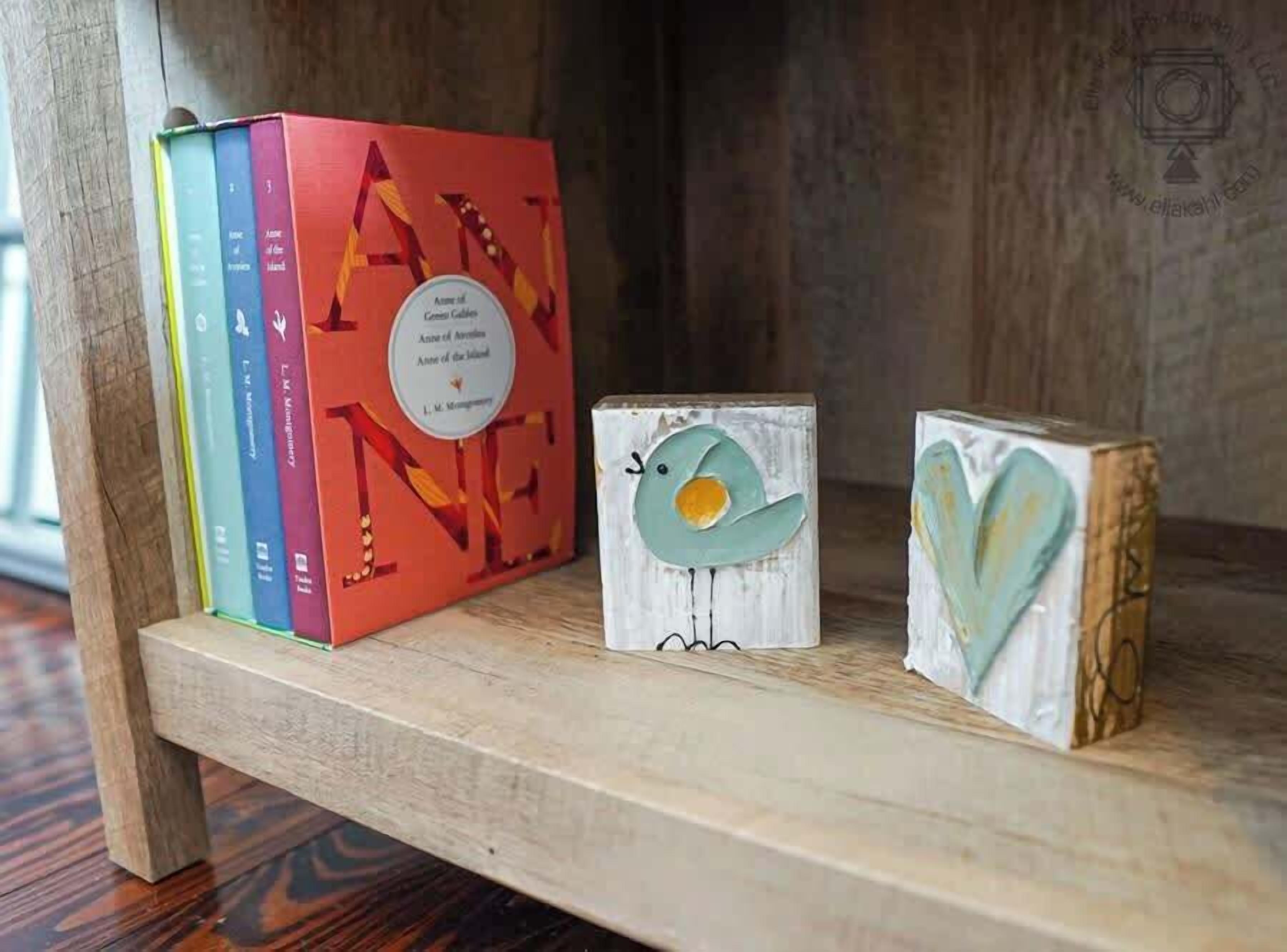 A bookshelf with books and two small wooden blocks with painted designs.