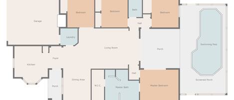 Un plano de planta que muestra un garaje, cocina, comedor, varias habitaciones, un dormitorio principal, baño principal, pasillo, vestíbulo, sala de estar, baño y un porche cubierto con piscina.