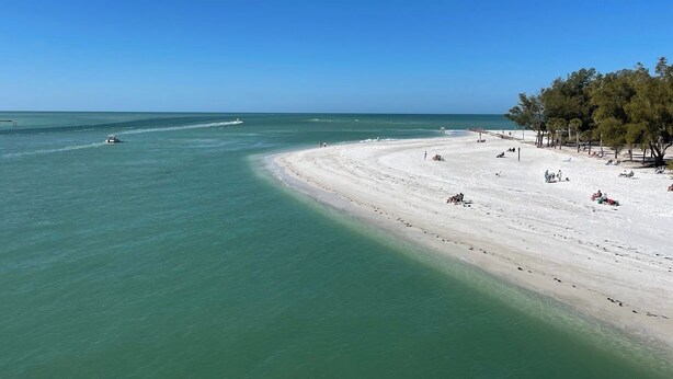 Een strand met helder turquoise water, een zandstrand en enkele bomen.