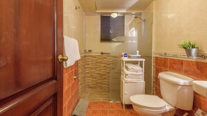 A bathroom with a shower, toilet, and a towel rack.