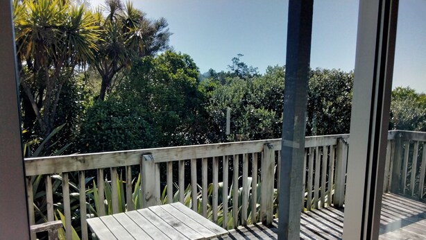 A wooden deck with a table and chairs, surrounded by lush greenery and trees.