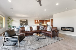 Smart TV, fireplace, books