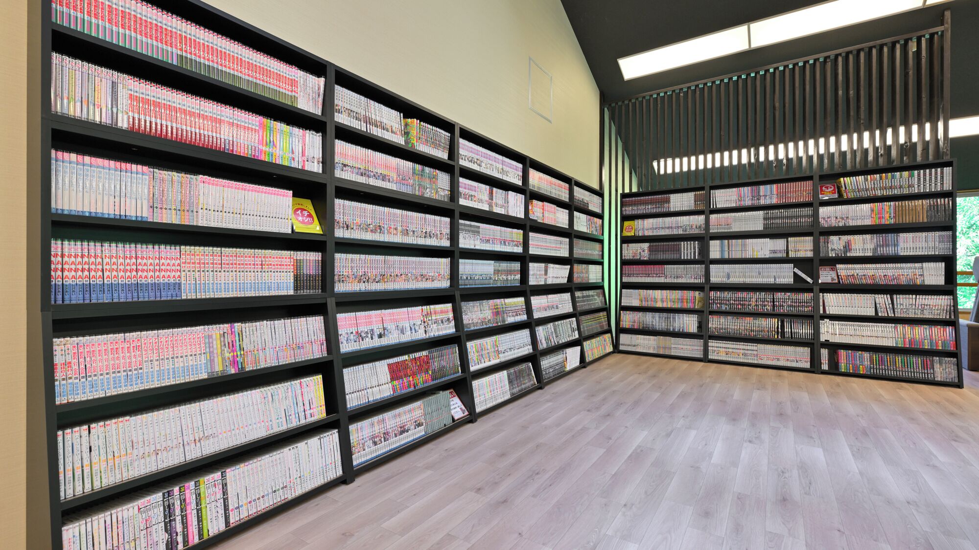 Una biblioteca con numerosas estanterías repletas de libros, suelo de madera y un amplio ventanal que deja entrar luz natural.