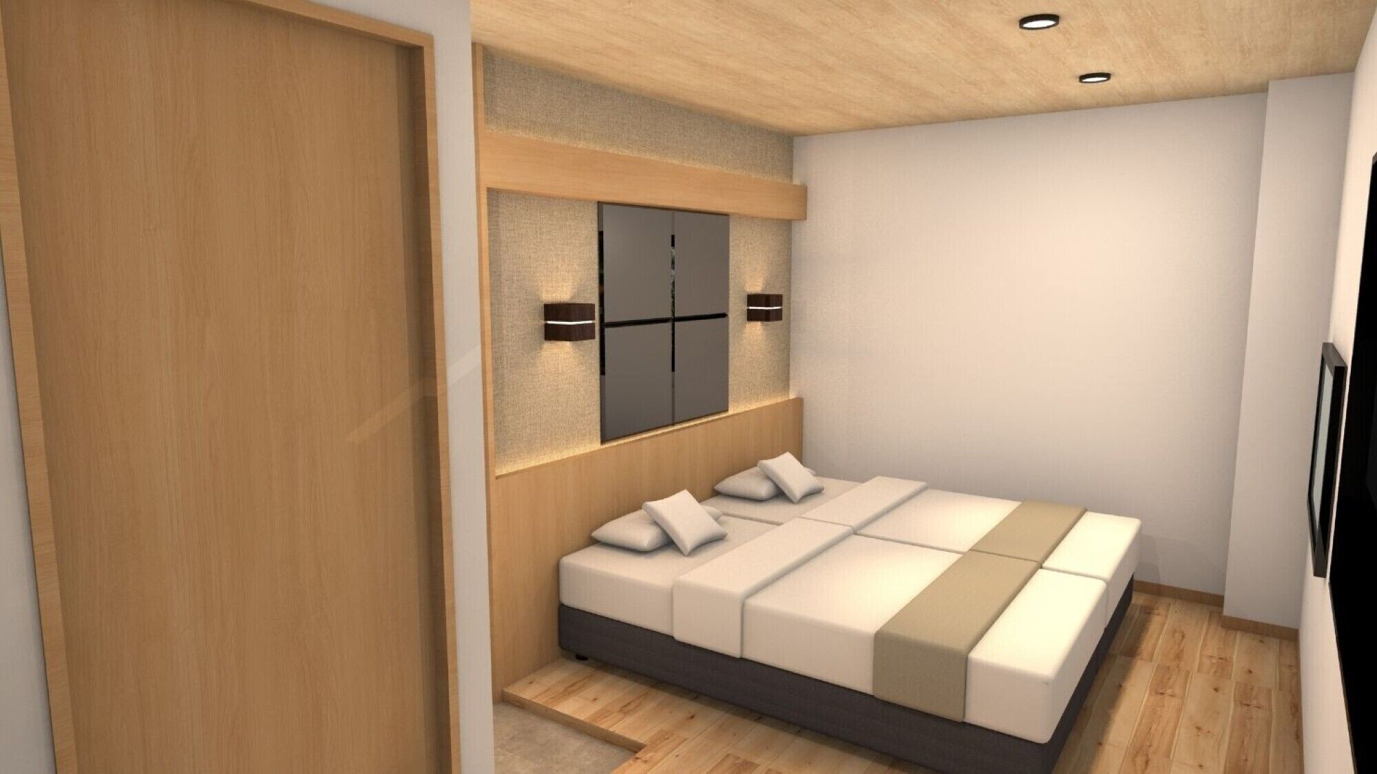 A bedroom with a bed, a wardrobe, a wall-mounted TV, and recessed ceiling lights.