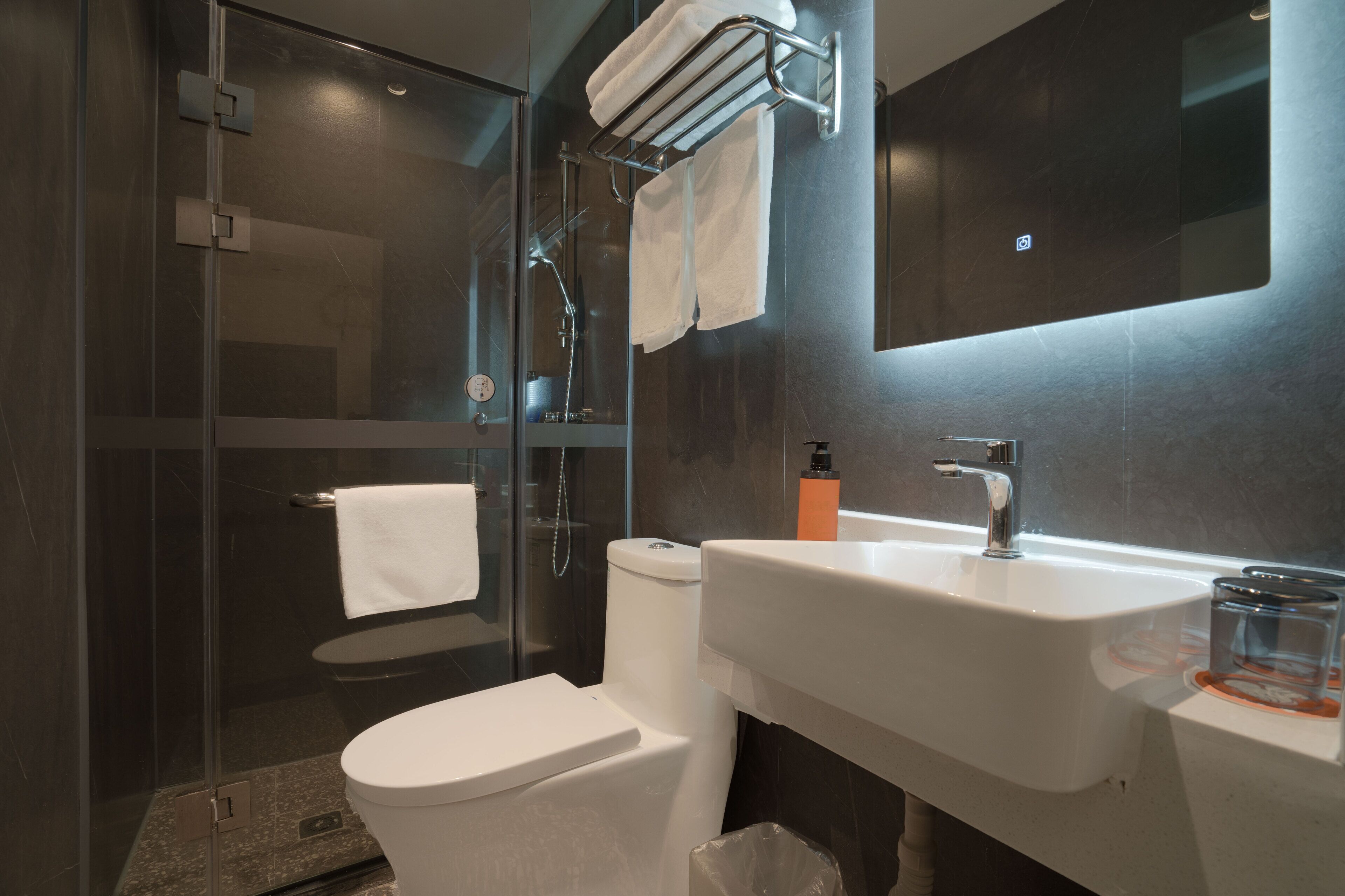 A modern bathroom with a glass-enclosed shower, a white toilet, a sink with a mirror, and a towel rack.