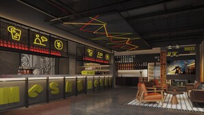 A modern bar area with neon signage, a seating area with leather sofas, and a television screen displaying a movie. - Mcsrh Hotel -Hangzhou West Lake (Hangzhou)