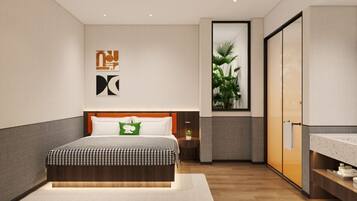A modern bedroom with a large bed, a nightstand, a mirror, and a wardrobe.