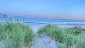 Praia com areia e grama em primeiro plano e céu claro.