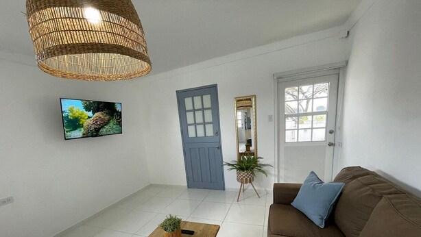 A living room with a brown sofa, a wooden coffee table with a plant, a television on the wall, a blue door, and a mirror with a plant.