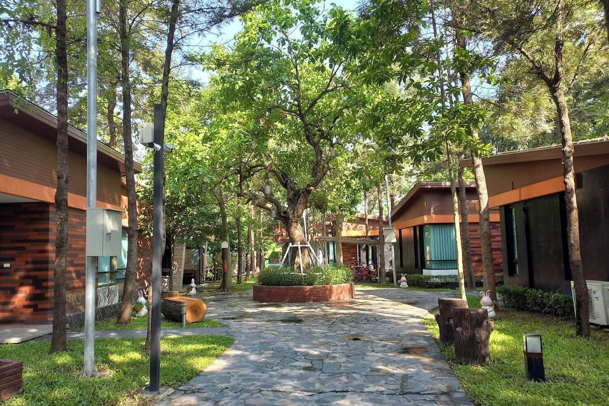 Um caminho bordeado por árvores e calçada de pedra leva a um edifício com entrada coberta e um pequeno jardim.