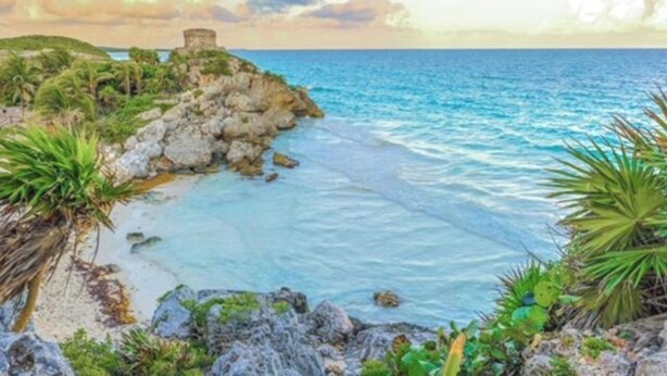 A coastal landscape with a rocky shoreline, clear blue water, and lush greenery. - Alma Libre Hotel Tulum (Tulum)