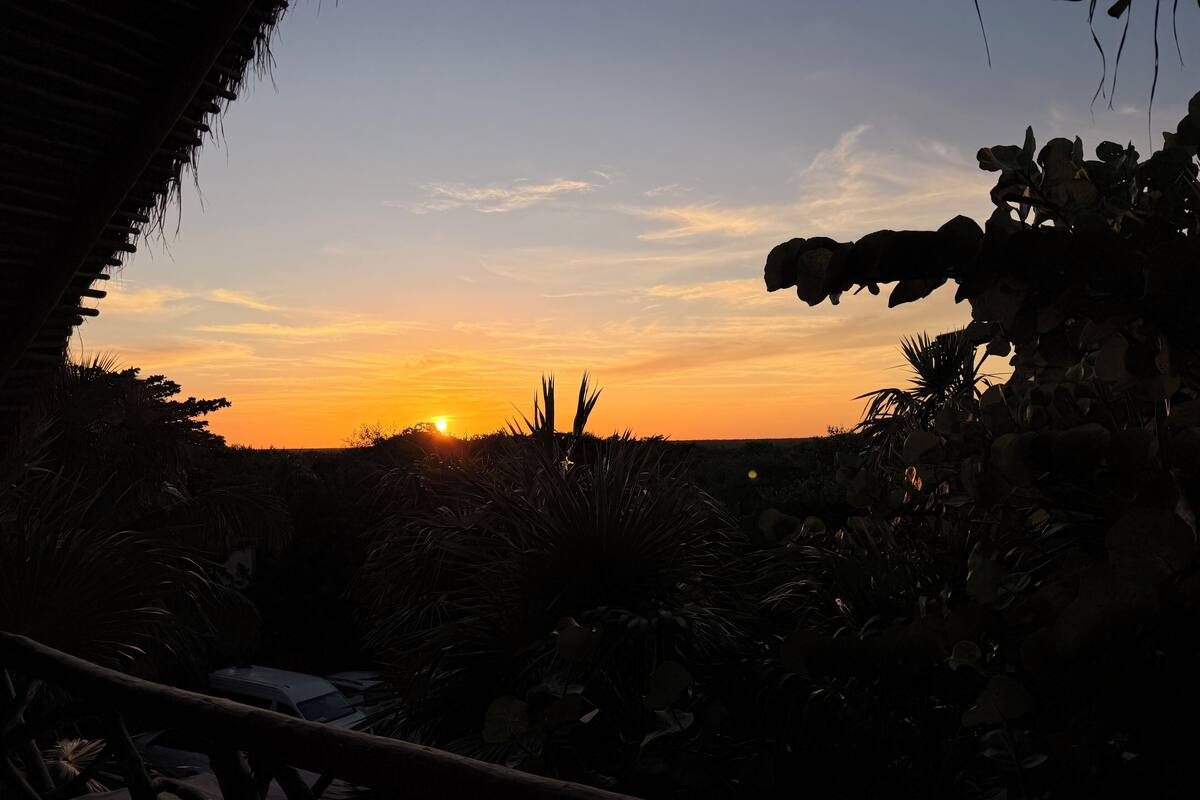 A sunset view from a balcony with a thatched roof, surrounded by tropical vegetation.