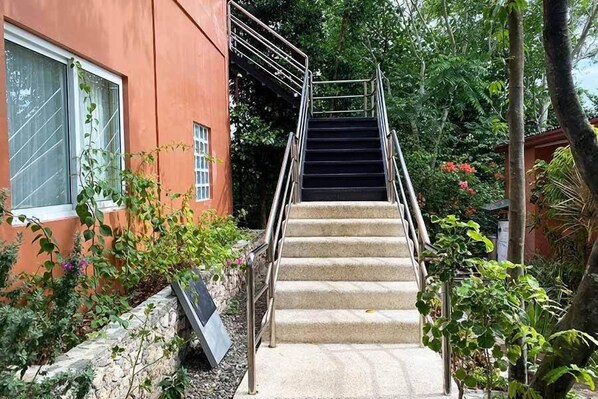A staircase leading to a building with a red facade, surrounded by greenery and plants.