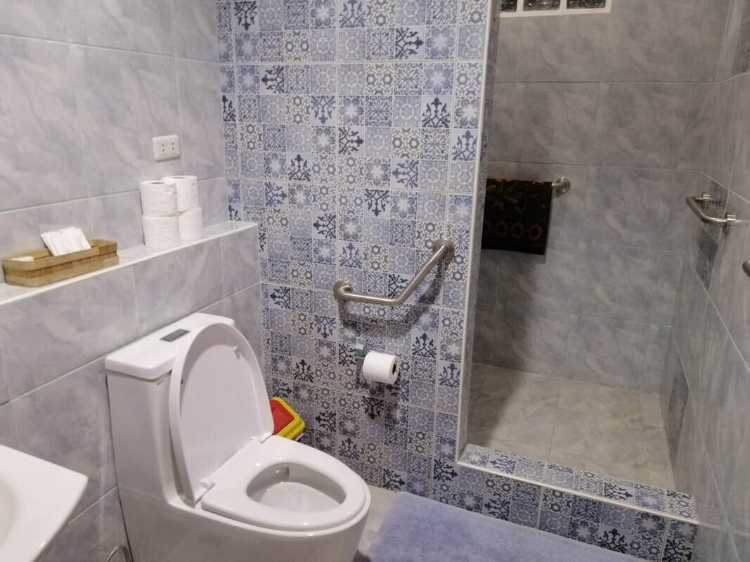 A bathroom with a toilet, a shelf with toiletries, a shower area with a glass door, and patterned tiles on the walls.