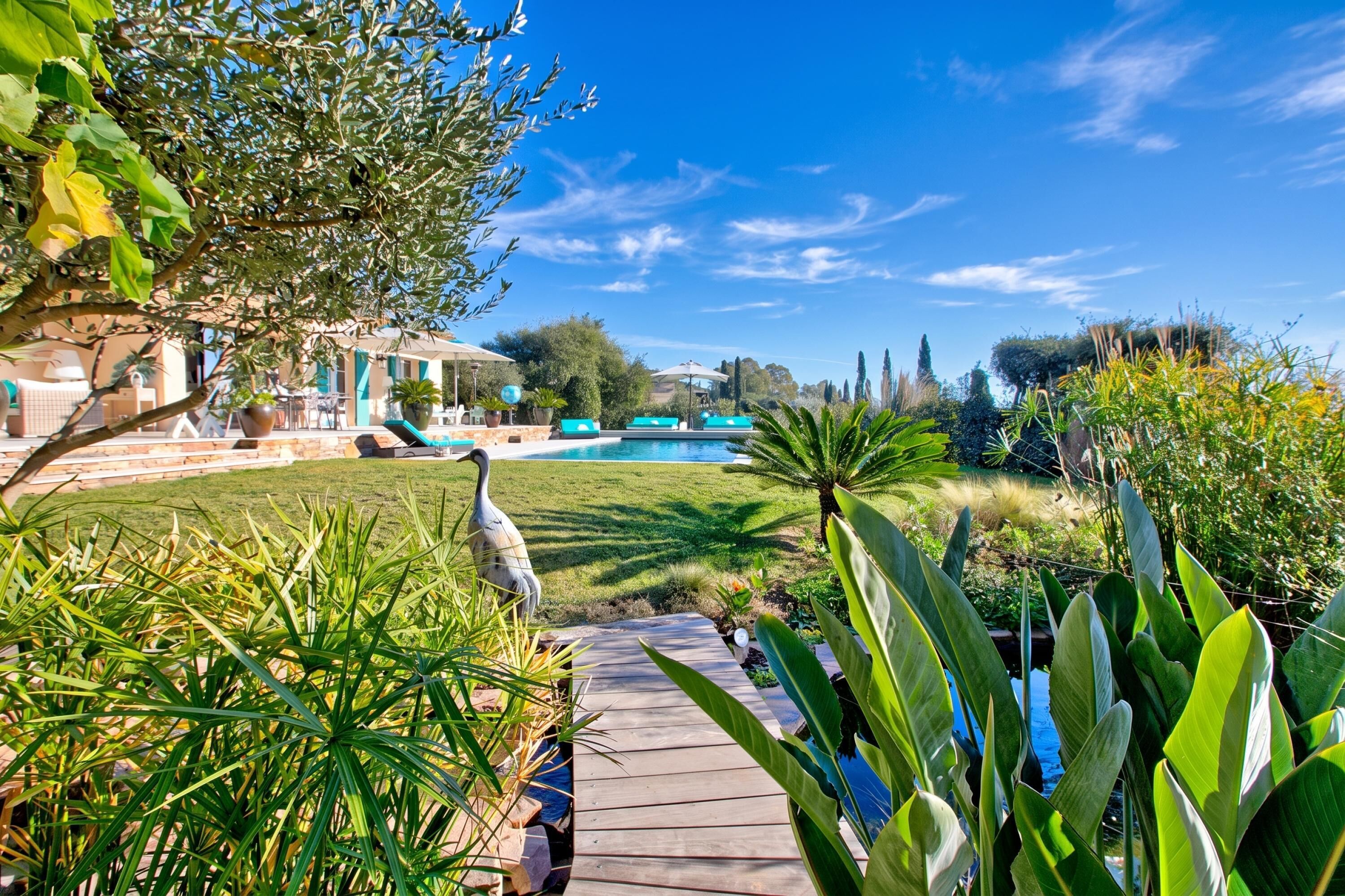 Un espace piscine doté d’une terrasse en bois, entouré d’une végétation luxuriante et surplombé d’un ciel bleu azur.