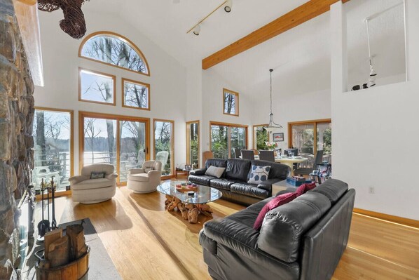 Smart TV, fireplace, books