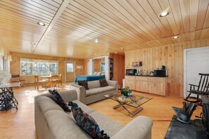 Smart TV, fireplace, books