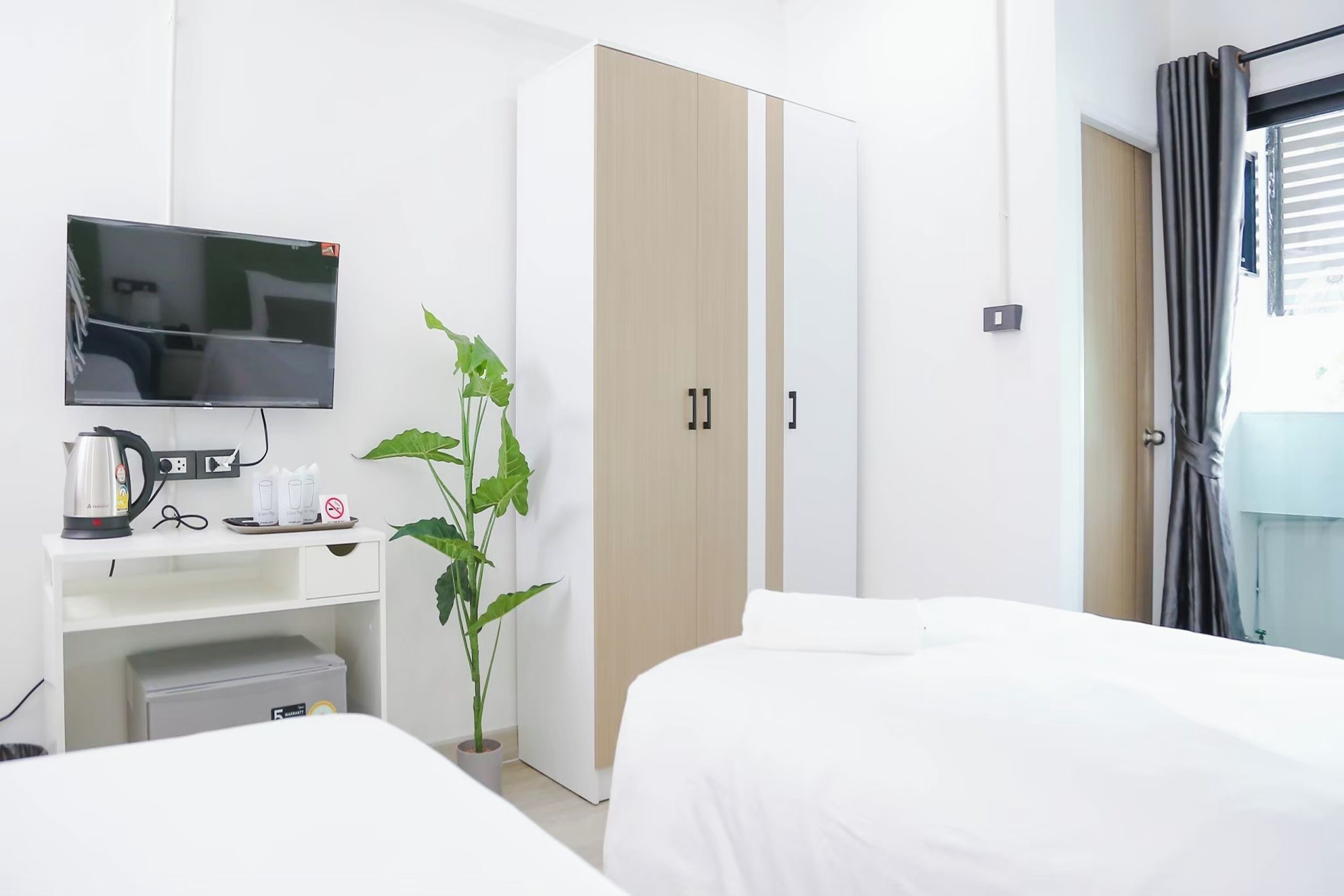 Habitació d'hotel amb un llit, televisió penjada a la paret, armari, escriptori amb una paperera i una planta en test.