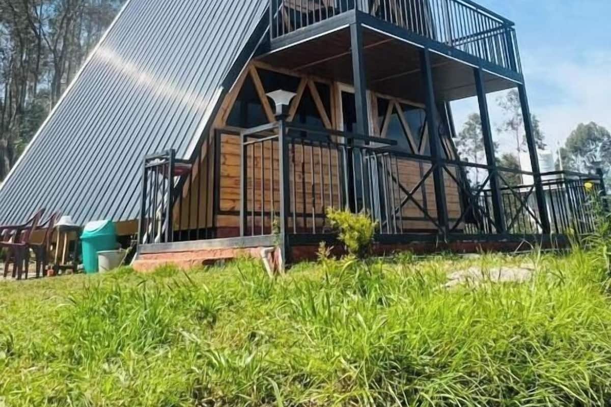 Un bâtiment moderne de forme triangulaire, doté d’un toit en métal et de poutres en bois, et agrémenté d’un balcon et d’un petit espace jardin à l’avant.
