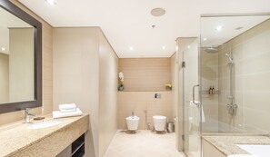 A modern bathroom with a granite countertop, a large mirror, a glass shower enclosure, and a toilet.