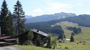 Una baita rustica con tetto spiovente, immersa in un prato erboso e una fitta foresta.