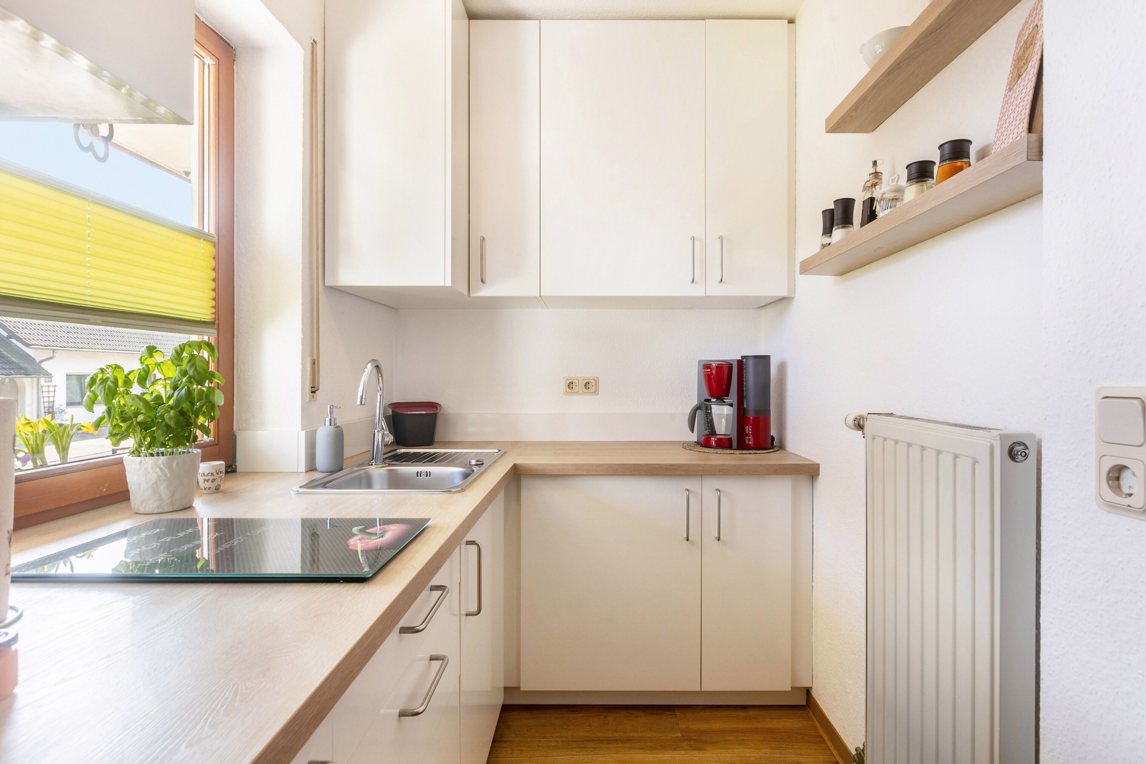 A kitchen with white cabinets, a countertop, a sink, a coffee maker, a plant, and a window.