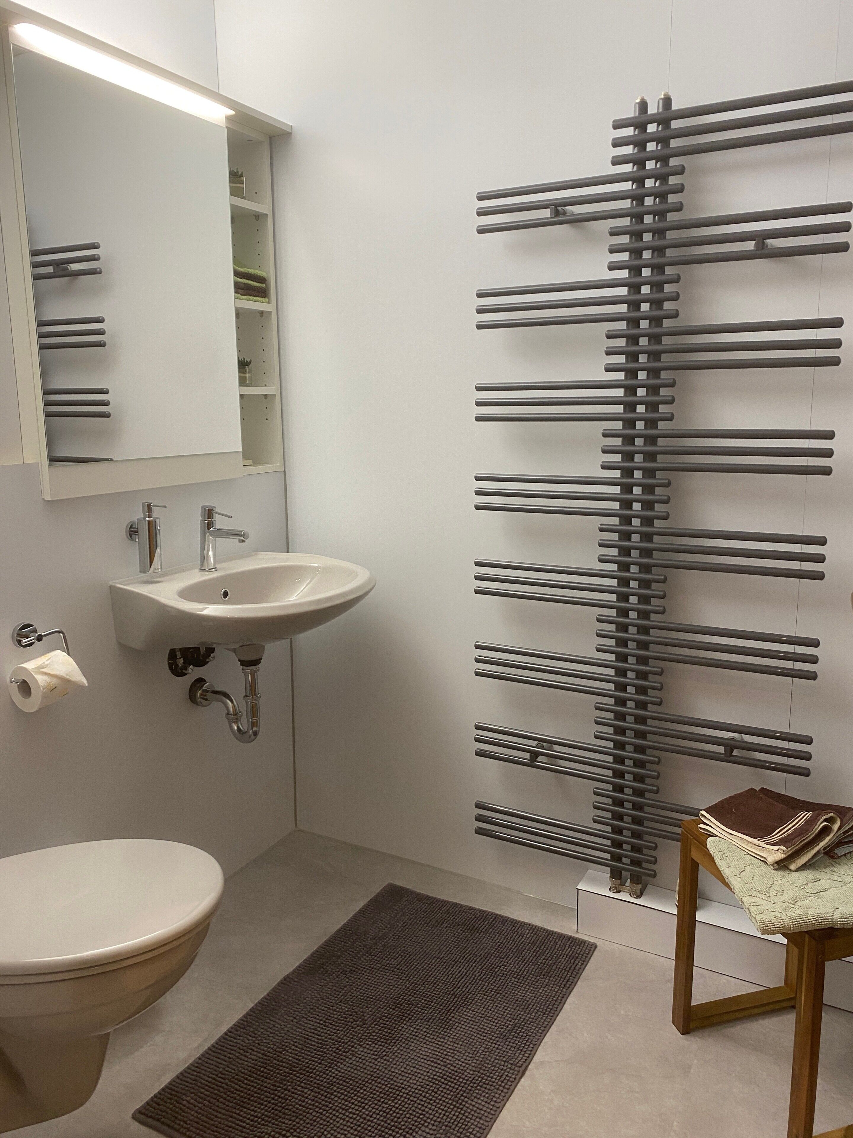 A bathroom with a sink, toilet, mirror, towel rack, and a rug.