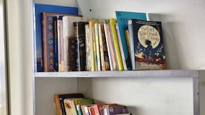 Dos estantes con libros, incluyendo un 'Pocket Dictionary' y 'The Girl Who Drank the Moon'.