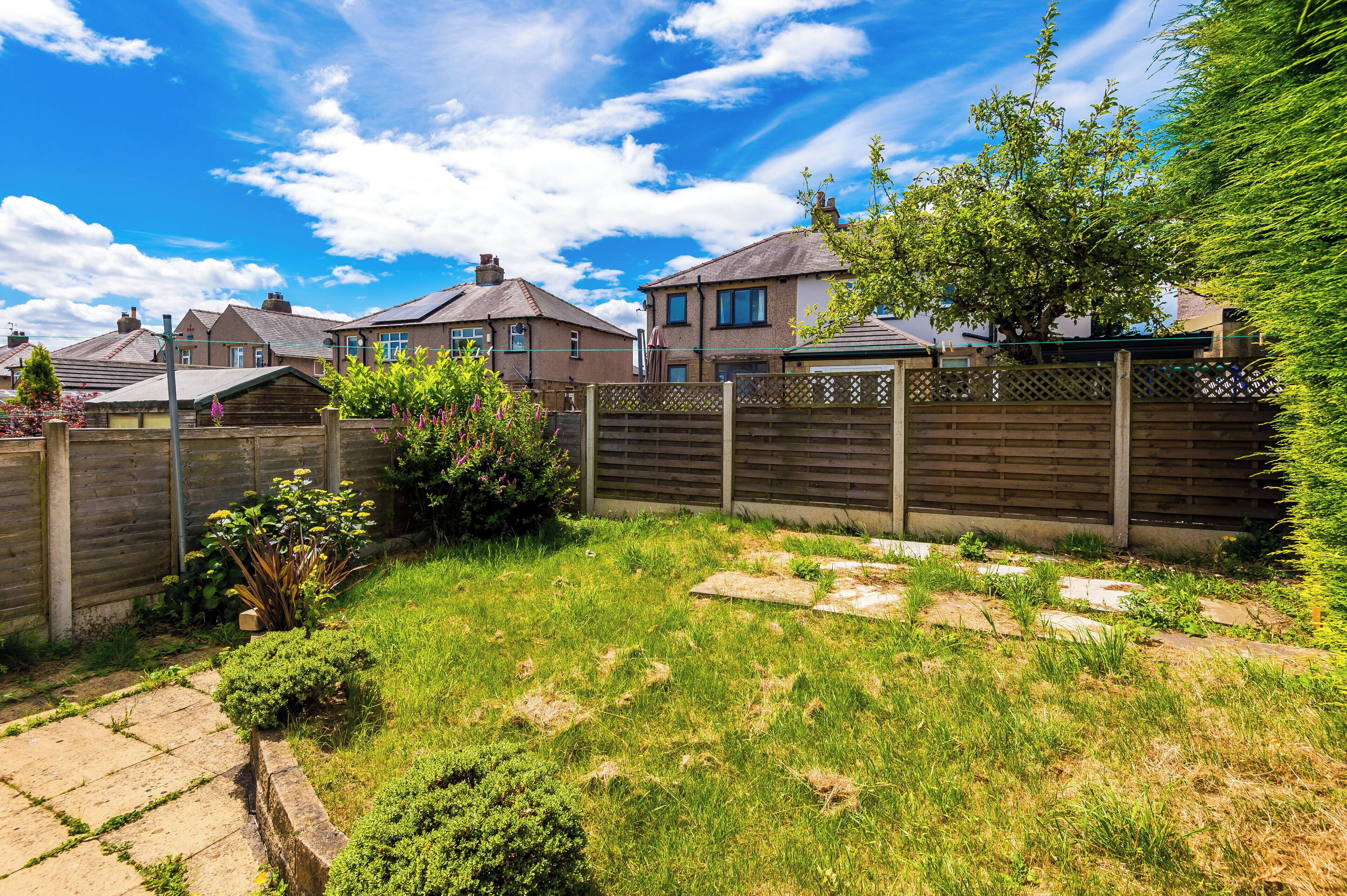 A residential backyard with a wooden fence, a stone pathway, and a variety of plants.
