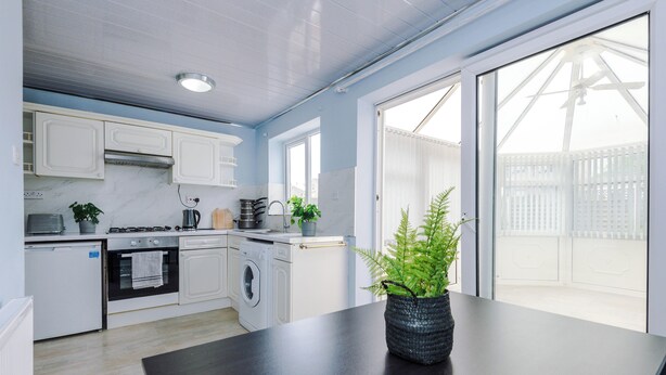 Une cuisine moderne avec des meubles blancs, un plan de travail foncé et une plante en pot.